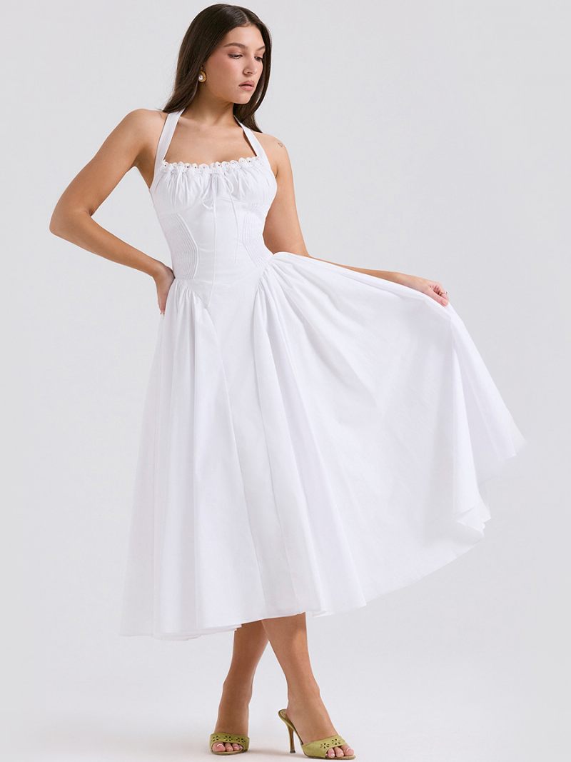 Robe D'été Pour Femmes Bretelles Réglables Lacets Col Licou Sans Manches Mi-longue Chic - Blanc