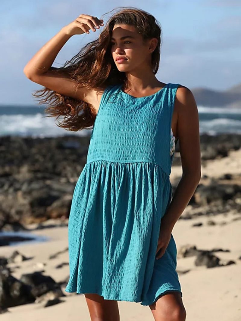 Robe D'été Pour Femmes Col Bijou Plissée Surdimensionnée Bleu Cyan Plage Courte