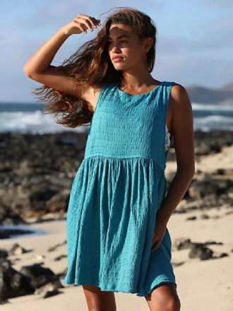 Robe D'été Pour Femmes Col Bijou Plissée Surdimensionnée Bleu Cyan Plage Courte