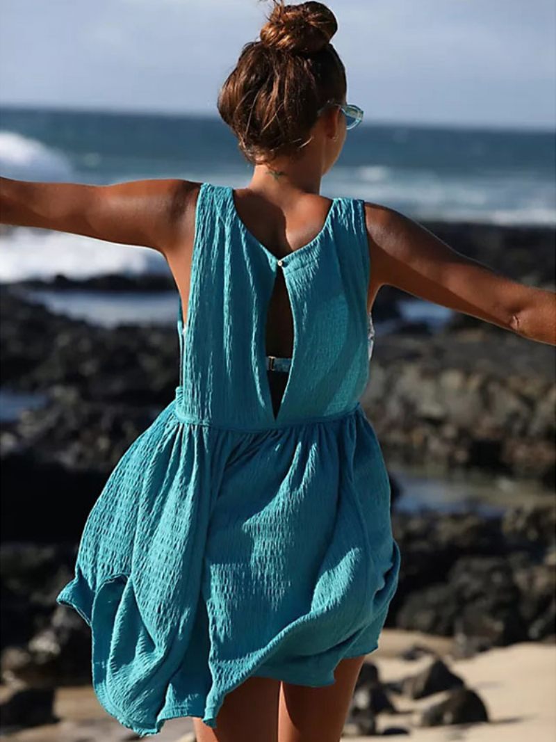 Robe D'été Pour Femmes Col Bijou Plissée Surdimensionnée Bleu Cyan Plage Courte - Bleu Cyan