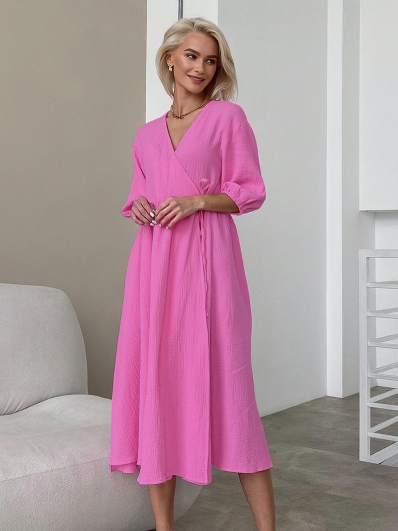 Robe D'été Pour Femmes Col V À Lacets Surdimensionnée Bleu Ciel Clair Longue Plage - Rose