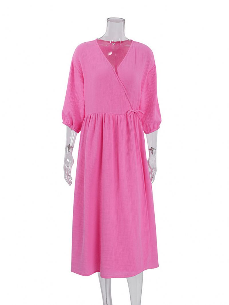 Robe D'été Pour Femmes Col V À Lacets Surdimensionnée Bleu Ciel Clair Longue Plage - Rose