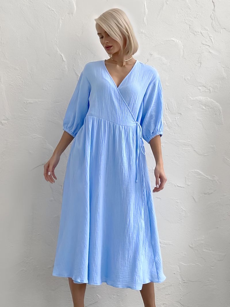 Robe D'été Pour Femmes Col V À Lacets Surdimensionnée Bleu Ciel Clair Longue Plage - Bleu Ciel Clair