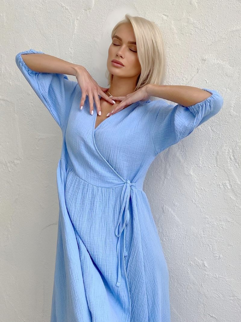 Robe D'été Pour Femmes Col V À Lacets Surdimensionnée Bleu Ciel Clair Longue Plage - Bleu Ciel Clair