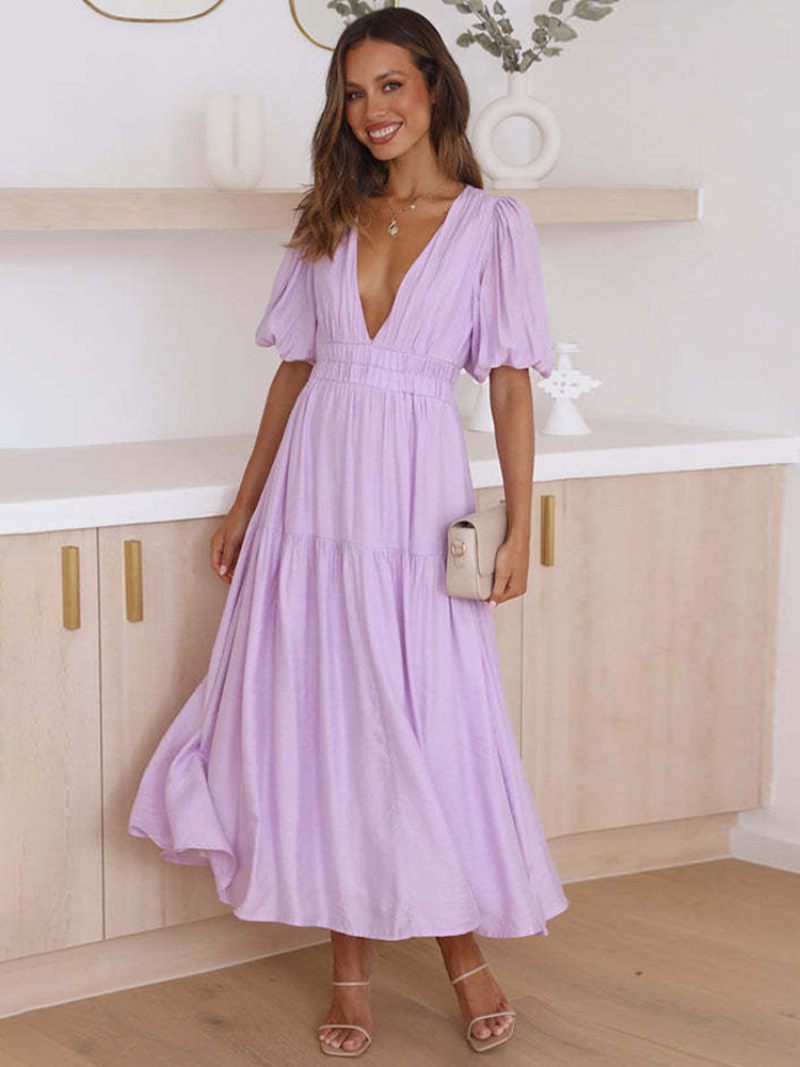 Robe D'été Pour Femmes Col V Manches Courtes Taille Élastique Ligne A Robes Longues - Violet