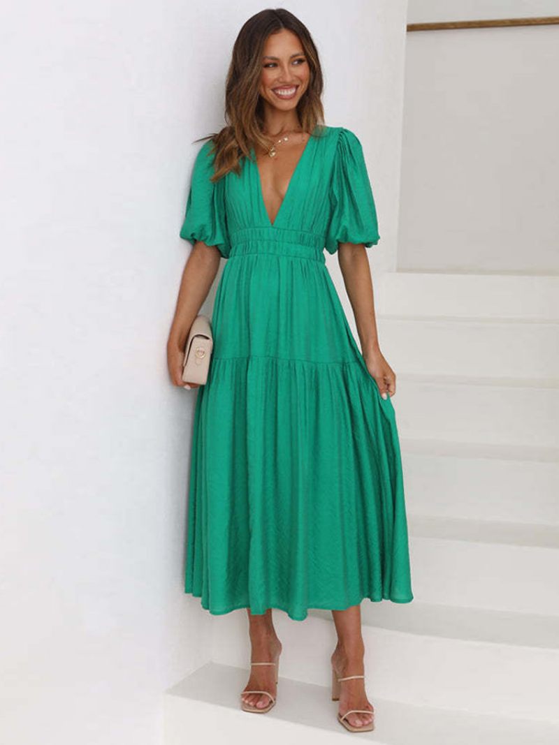 Robe D'été Pour Femmes Col V Manches Courtes Taille Élastique Ligne A Robes Longues - Vert