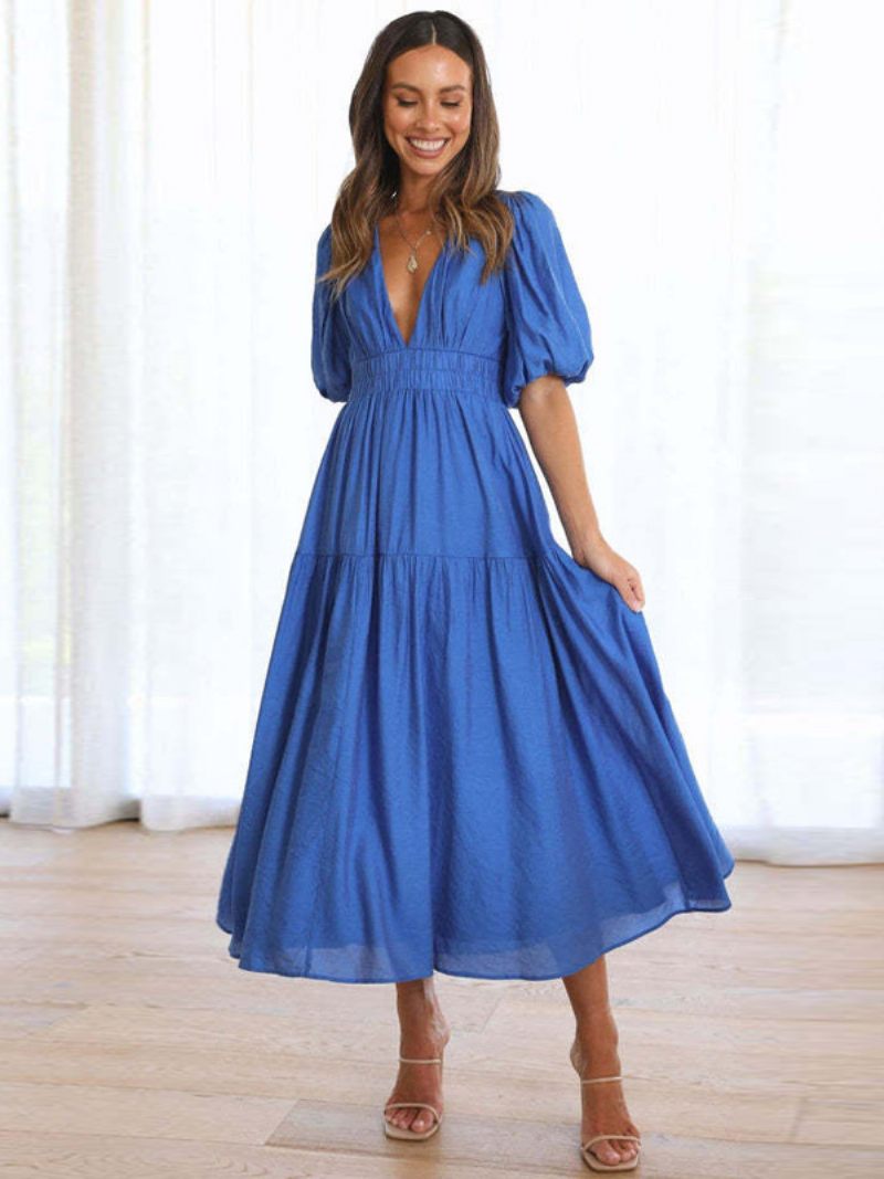 Robe D'été Pour Femmes Col V Manches Courtes Taille Élastique Ligne A Robes Longues - Bleu