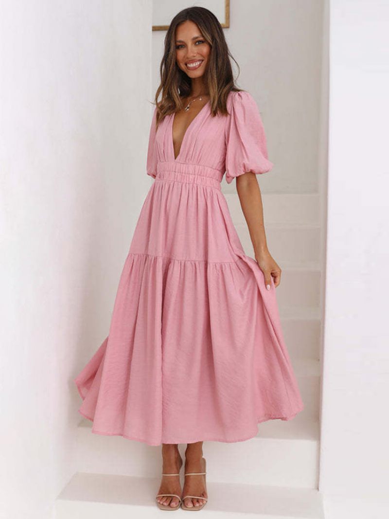 Robe D'été Pour Femmes Col V Manches Courtes Taille Élastique Ligne A Robes Longues - Rose