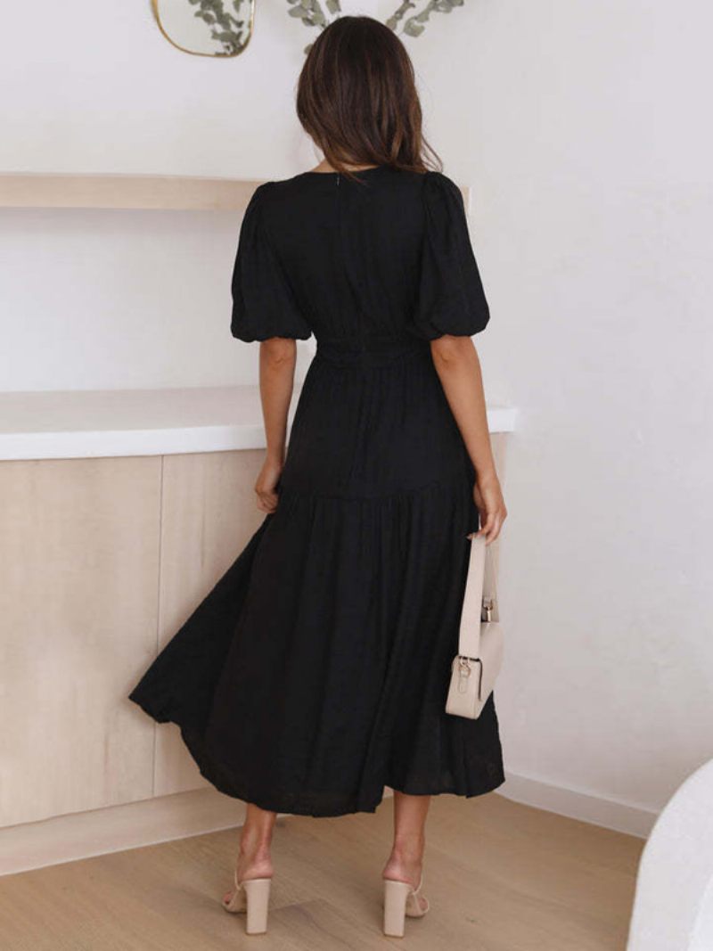 Robe D'été Pour Femmes Col V Manches Courtes Taille Élastique Ligne A Robes Longues - Noir