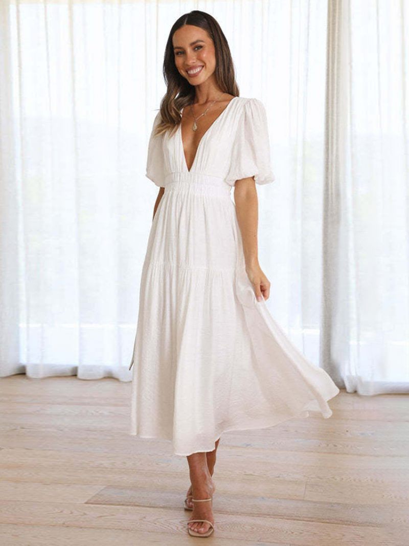 Robe D'été Pour Femmes Col V Manches Courtes Taille Élastique Ligne A Robes Longues - Blanc