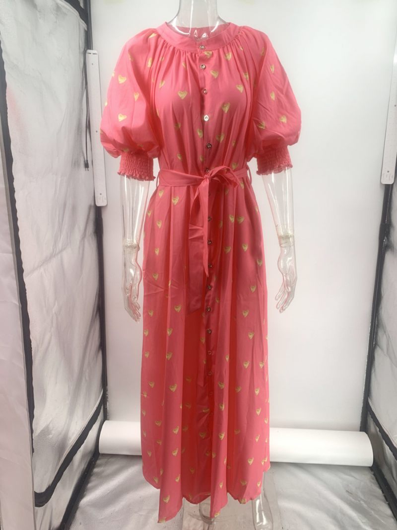 Robe D'été Pour Femmes Décolleté Plongeant Imprimé Cœur Manches Lanternes Ceinture Robes Maxi Décontractées - Rouge