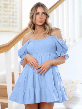 Robe D'été Pour Femmes Mini Bleu Ciel Clair Col Bateau Plage Plissée Polyester