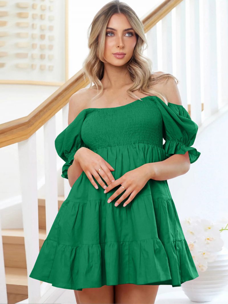 Robe D'été Pour Femmes Mini Bleu Ciel Clair Col Bateau Plage Plissée Polyester - Vert