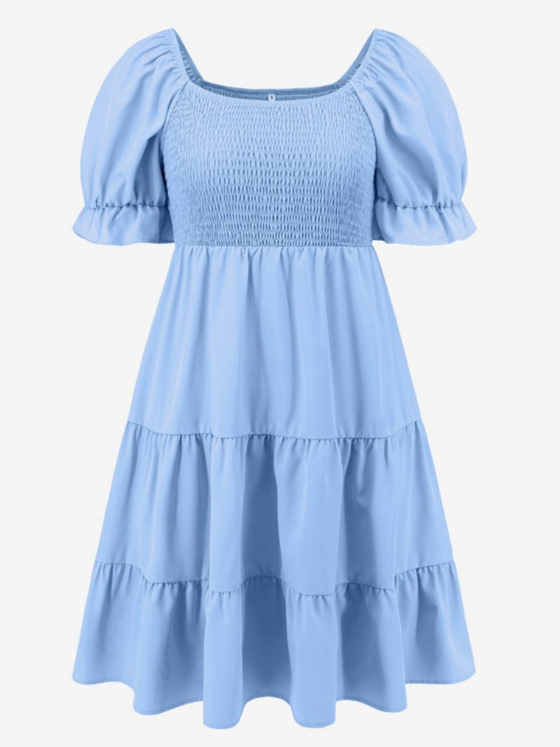 Robe D'été Pour Femmes Mini Bleu Ciel Clair Col Bateau Plage Plissée Polyester - Bleu Ciel Clair