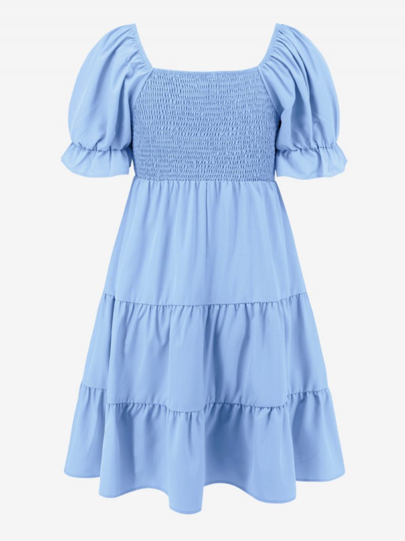 Robe D'été Pour Femmes Mini Bleu Ciel Clair Col Bateau Plage Plissée Polyester - Bleu Ciel Clair