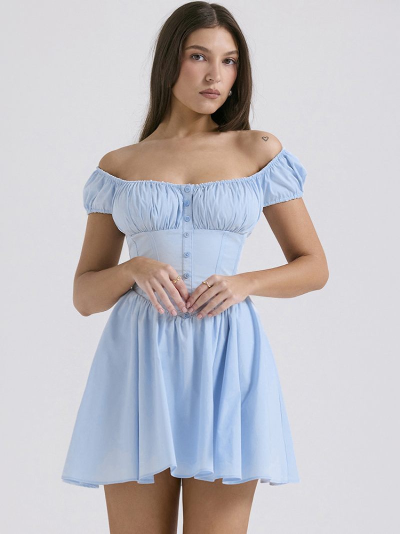 Robe D'été Pour Femmes Mini Bleu Marine Foncé Col Bateau Boutons Plage Polyester - Bleu Ciel Clair