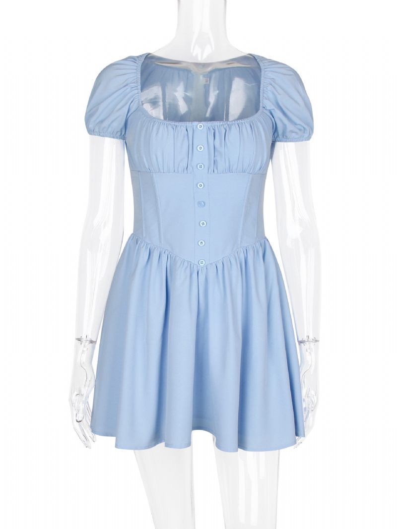 Robe D'été Pour Femmes Mini Bleu Marine Foncé Col Bateau Boutons Plage Polyester - Bleu Ciel Clair