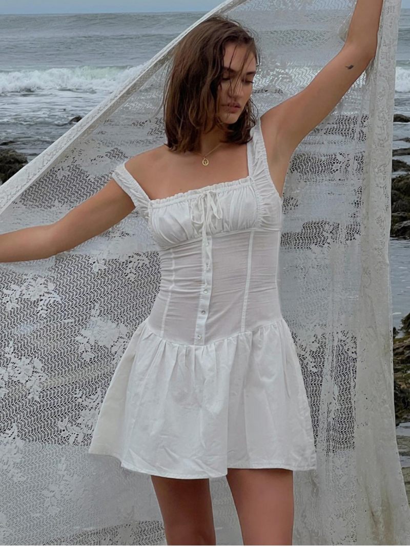 Robe D'été Pour Femmes Mini À Bretelles Blanches Ceinture Cou Plage Coton