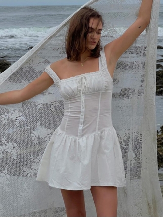 Robe D'été Pour Femmes Mini À Bretelles Blanches Ceinture Cou Plage Coton