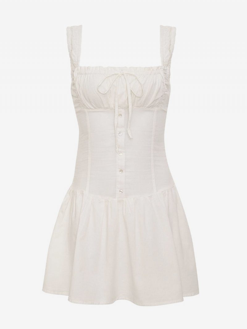 Robe D'été Pour Femmes Mini À Bretelles Blanches Ceinture Cou Plage Coton - Blanc