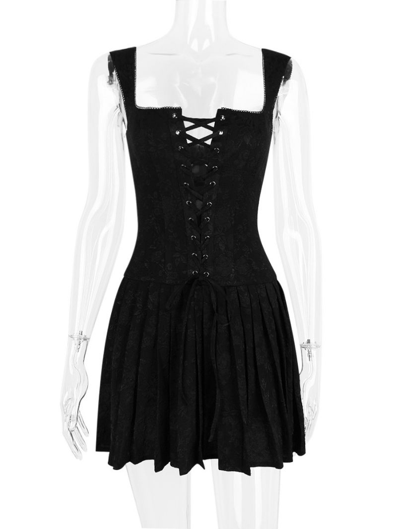 Robe D'été Pour Femmes Mini À Bretelles Noires Col Lacets Plage Polyester - Noir