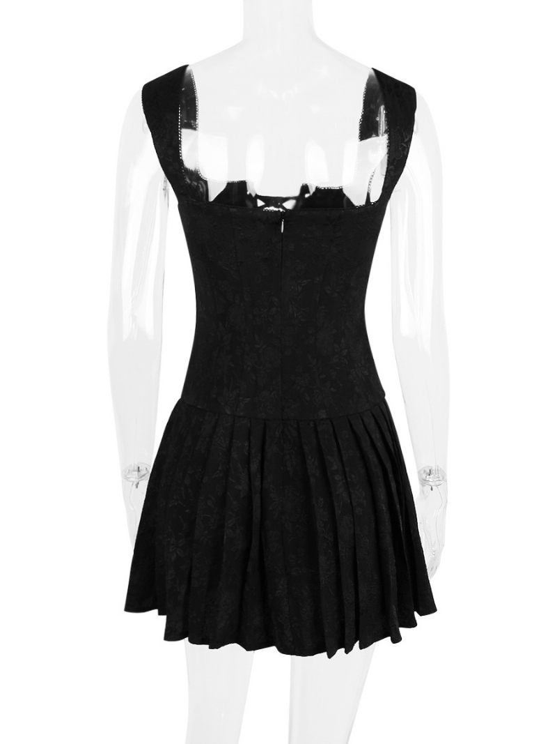 Robe D'été Pour Femmes Mini À Bretelles Noires Col Lacets Plage Polyester - Noir