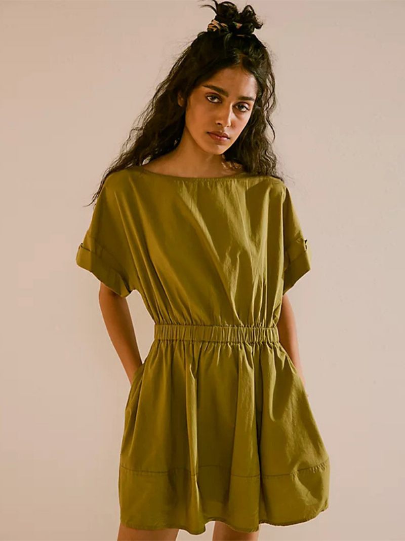 Robe D'été Pour Femmes Mini Pêche Col Bijou Plissée Polyester Plage - Olive