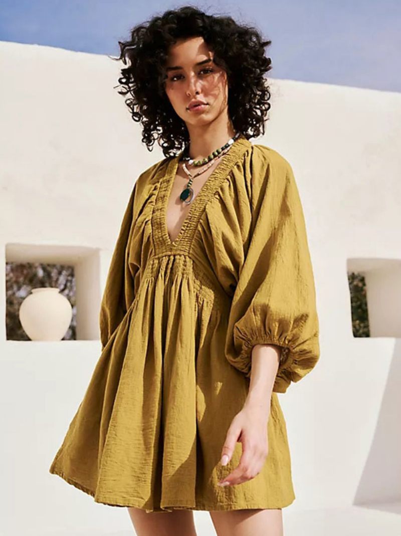 Robe D'été Pour Femmes Mini Rouge Col V Plissée Polyester Plage - Jaune