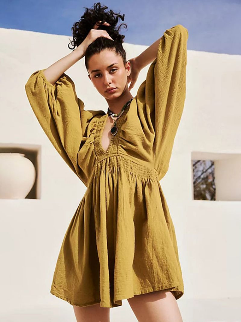 Robe D'été Pour Femmes Mini Rouge Col V Plissée Polyester Plage - Jaune