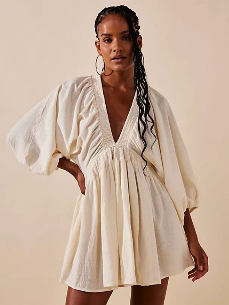 Robe D'été Pour Femmes Mini Rouge Col V Plissée Polyester Plage - Blanc