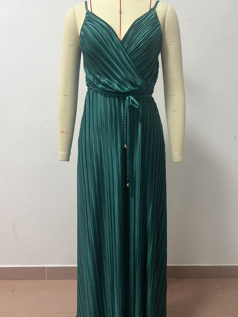 Robe D'été Pour Femmes Sans Manches Col V Ceinture Dos Nu Robes Plage - Vert