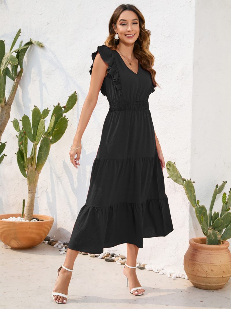 Robe D'été Pour Femmes Volants À Plusieurs Niveaux Sans Manches Taille Élastique Plissée Robes Mi-longues Décontractées - Noir