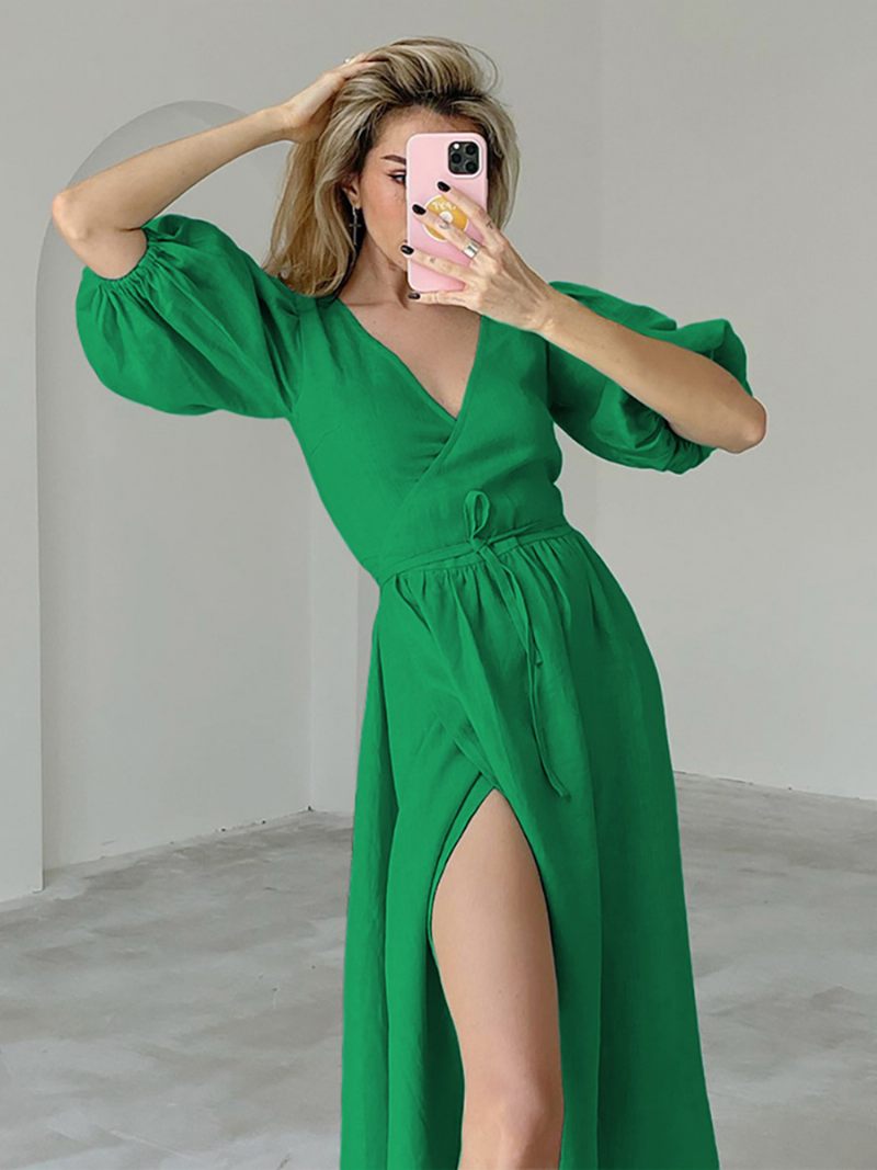 Robe D'été Longue Pour Femmes Col V Fendue Sur Le Devant Fente Haute Bleu Ciel Clair Plage - Vert