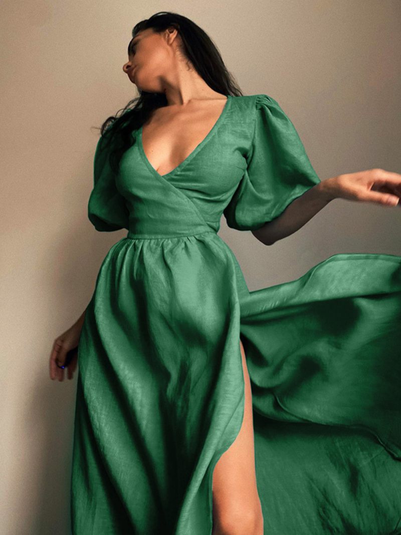 Robe D'été Longue Pour Femmes Col V Fendue Sur Le Devant Fente Haute Bleu Ciel Clair Plage - Vert Foncé