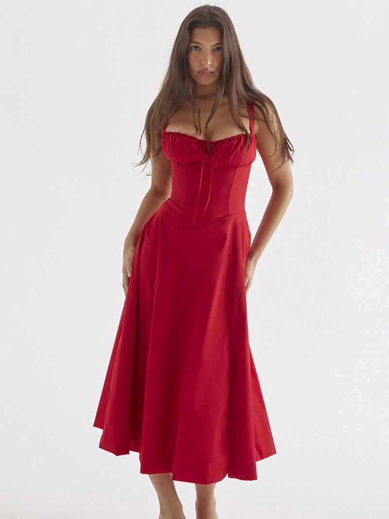 Robe D'été Sans Manches Bretelles Col Chic À Lacets Mi-longue Pour Femmes - Rouge