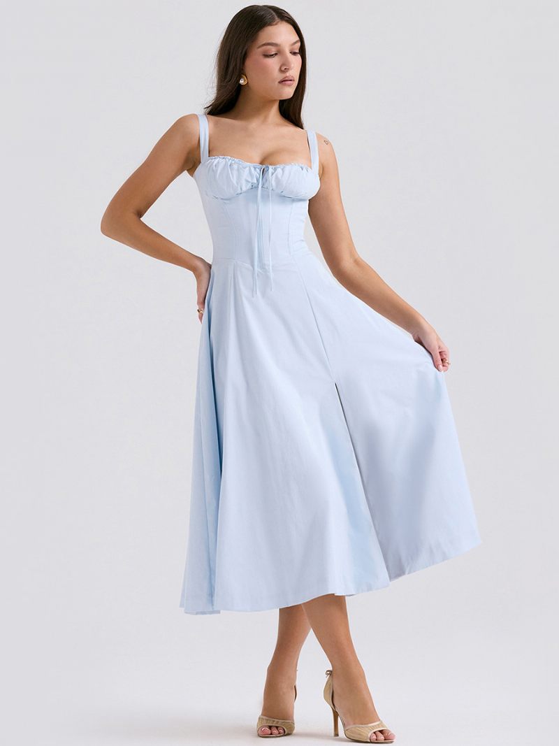 Robe D'été Sans Manches Bretelles Col Chic À Lacets Mi-longue Pour Femmes - Bleu Ciel Clair