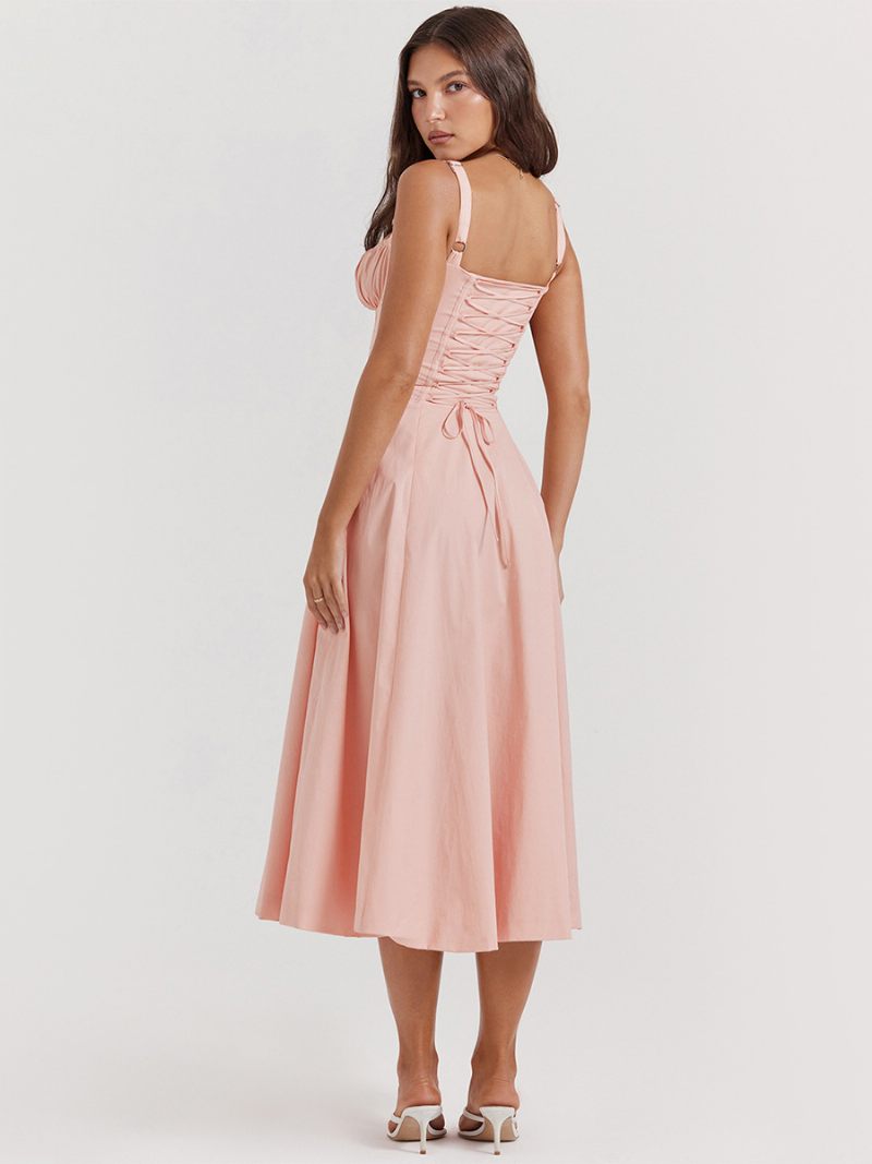 Robe D'été Sans Manches Bretelles Col Chic À Lacets Mi-longue Pour Femmes - Rose