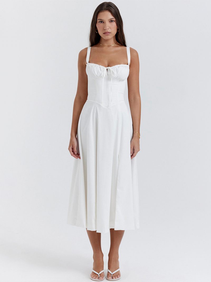 Robe D'été Sans Manches Bretelles Col Chic À Lacets Mi-longue Pour Femmes - Blanc