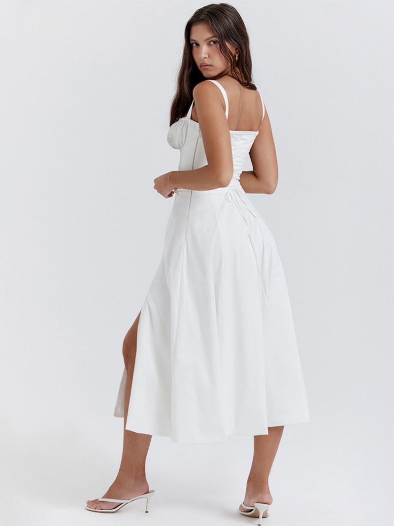 Robe D'été Sans Manches Bretelles Col Chic À Lacets Mi-longue Pour Femmes - Blanc