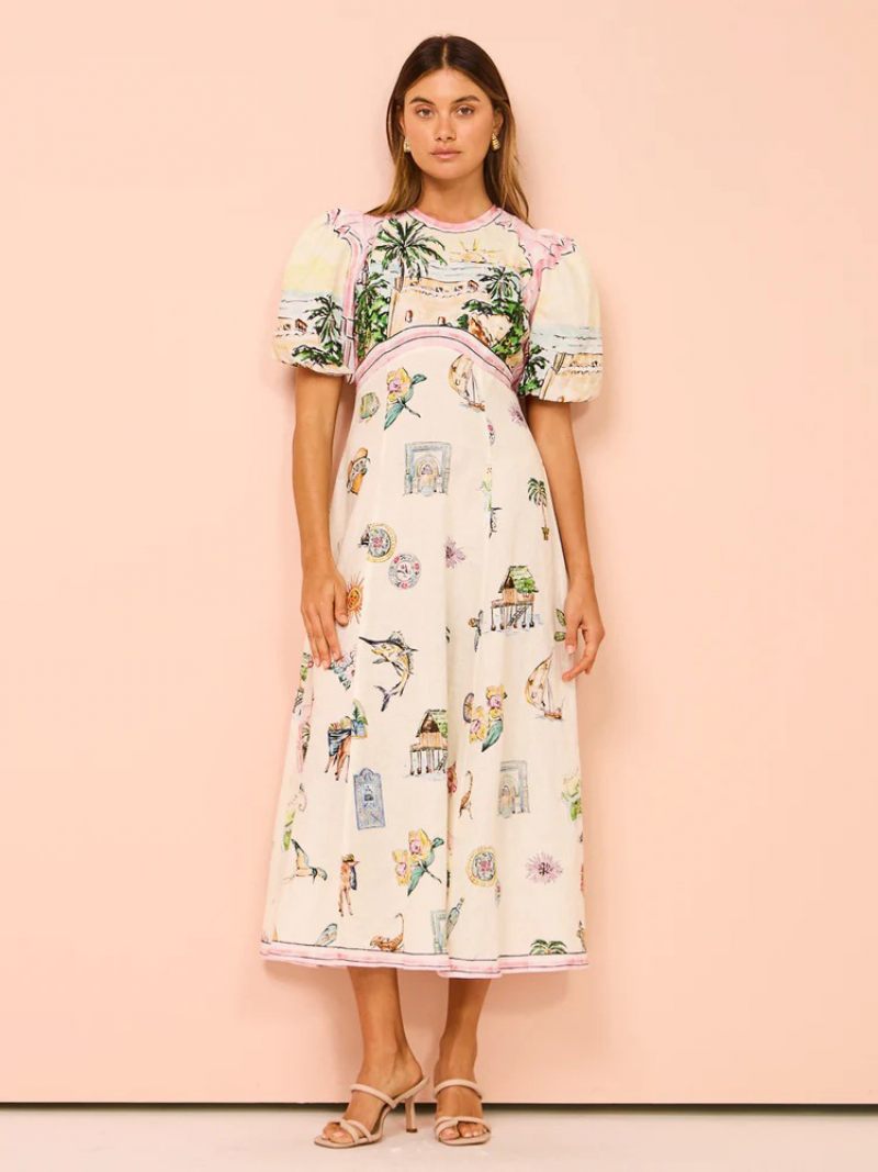 Robe À Fleurs Pour Femmes Maxi Robes Imprimées Fermeture Éclair Col Bijou Manches Courtes Décontractées Printemps