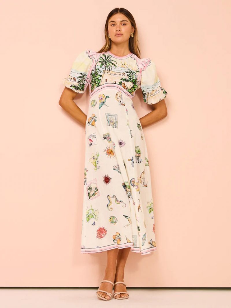 Robe À Fleurs Pour Femmes Maxi Robes Imprimées Fermeture Éclair Col Bijou Manches Courtes Décontractées Printemps - Blanc