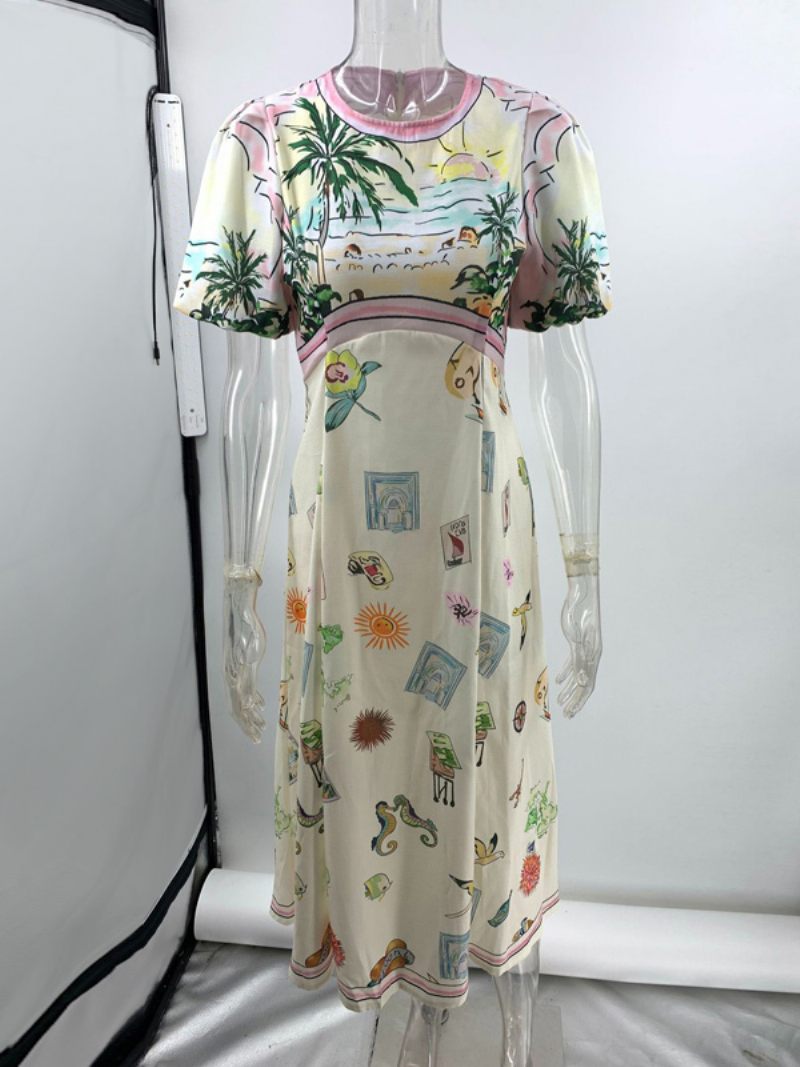 Robe À Fleurs Pour Femmes Maxi Robes Imprimées Fermeture Éclair Col Bijou Manches Courtes Décontractées Printemps - Blanc