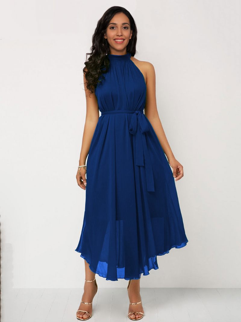 Robe Irrégulière Pour Femmes Col Licou Sans Manches Ceinture Bal Mi-longue Couleur Unie - Bleu