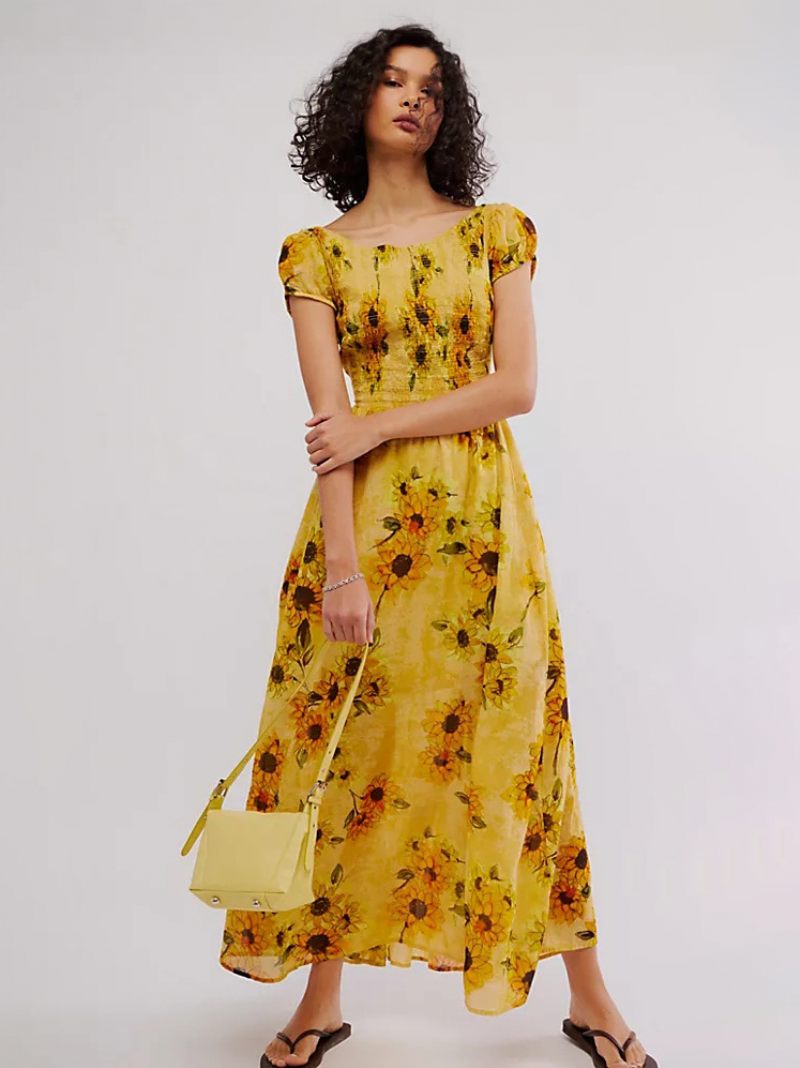 Robe Longue À Fleurs Pour Femmes Imprimé Floral Manches Courtes Col Bijou Chic Dos Nu Lacets Sans Couture Ouverte Été - Jaune