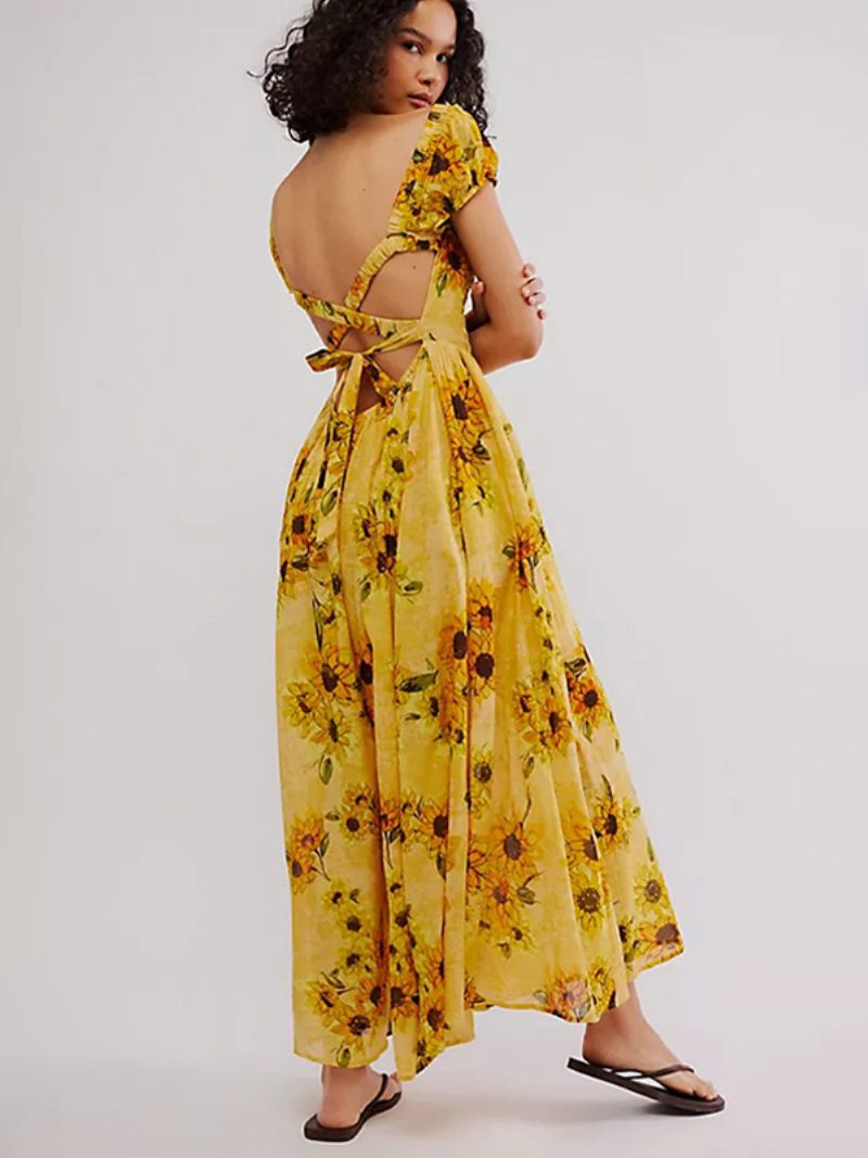 Robe Longue À Fleurs Pour Femmes Imprimé Floral Manches Courtes Col Bijou Chic Dos Nu Lacets Sans Couture Ouverte Été - Jaune