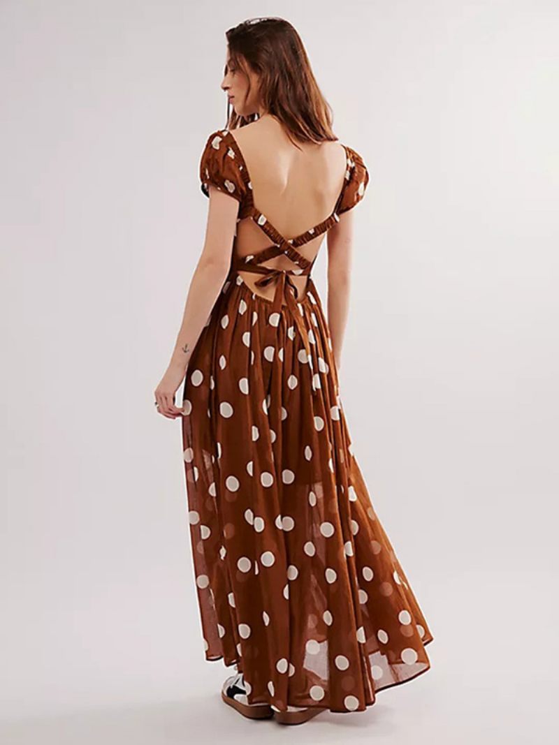 Robe Longue À Fleurs Pour Femmes Imprimé Floral Manches Courtes Col Bijou Chic Dos Nu Lacets Sans Couture Ouverte Été - Marron Café