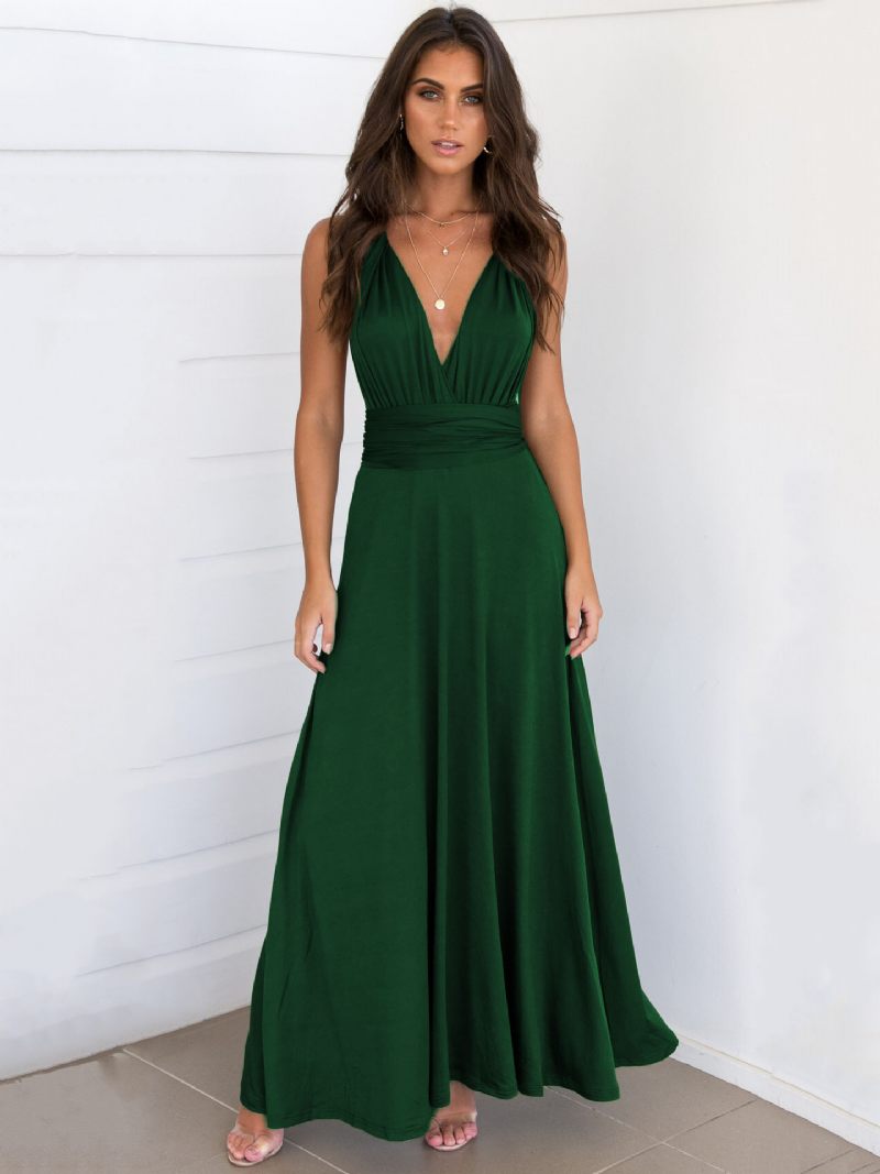 Robe Maxi Sexy D'anniversaire Pour Femmes Sans Manches Col Plongeant Dos Nu Couleur Unie Bal - Vert