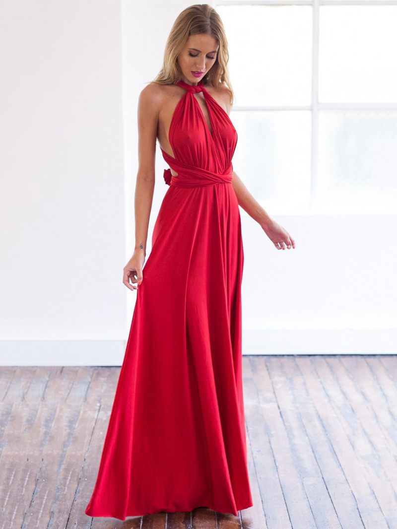 Robe Maxi Sexy D'anniversaire Pour Femmes Sans Manches Col Plongeant Dos Nu Couleur Unie Bal - Rouge