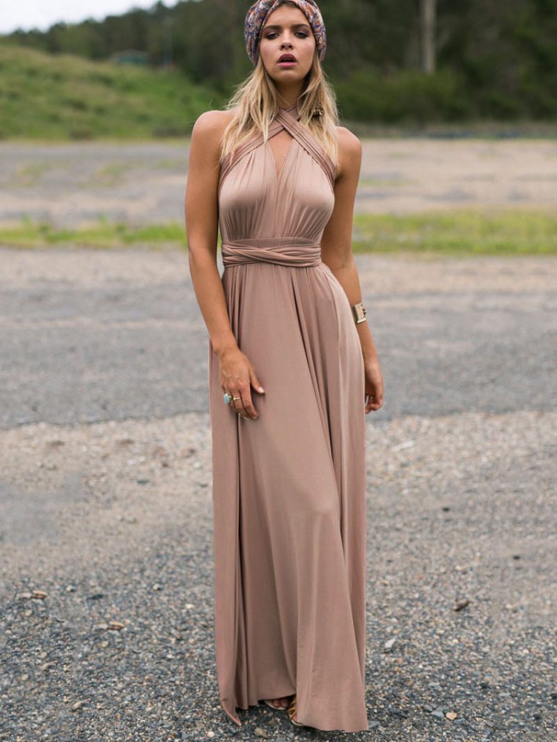 Robe Maxi Sexy D'anniversaire Pour Femmes Sans Manches Col Plongeant Dos Nu Couleur Unie Bal - Kaki