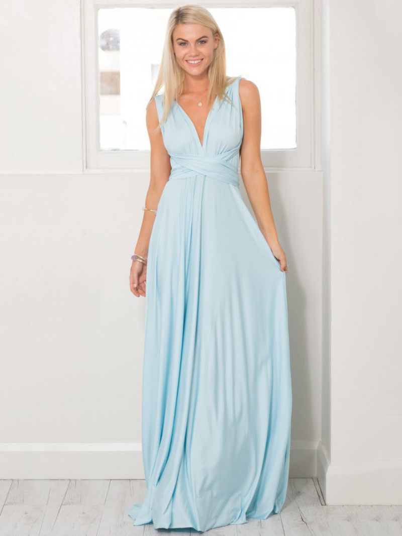 Robe Maxi Sexy D'anniversaire Pour Femmes Sans Manches Col Plongeant Dos Nu Couleur Unie Bal - Bleu Ciel Clair